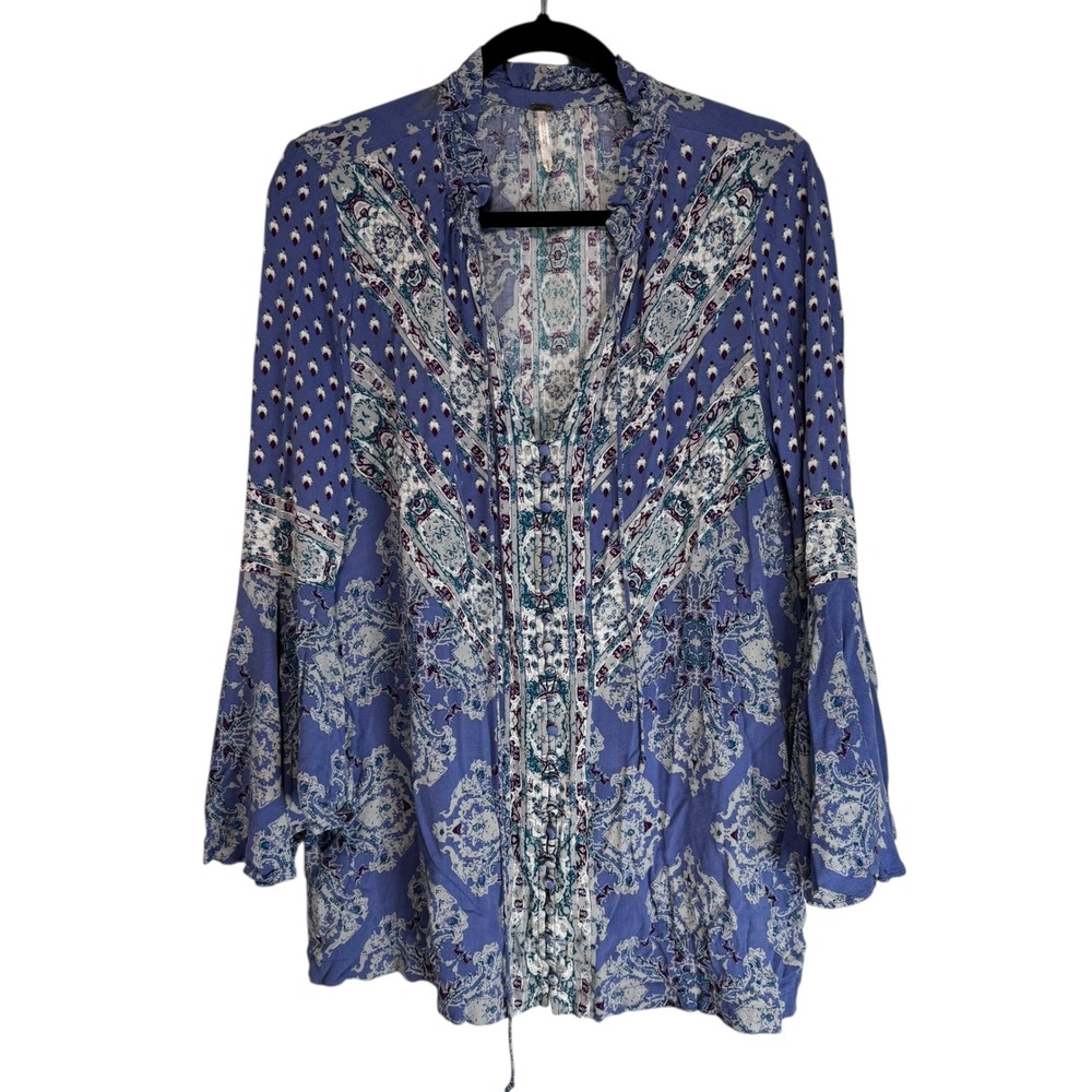 Free People Purple Paisley Bell Sleeve Blouse Ruffle Neck Button Front Top Med M
